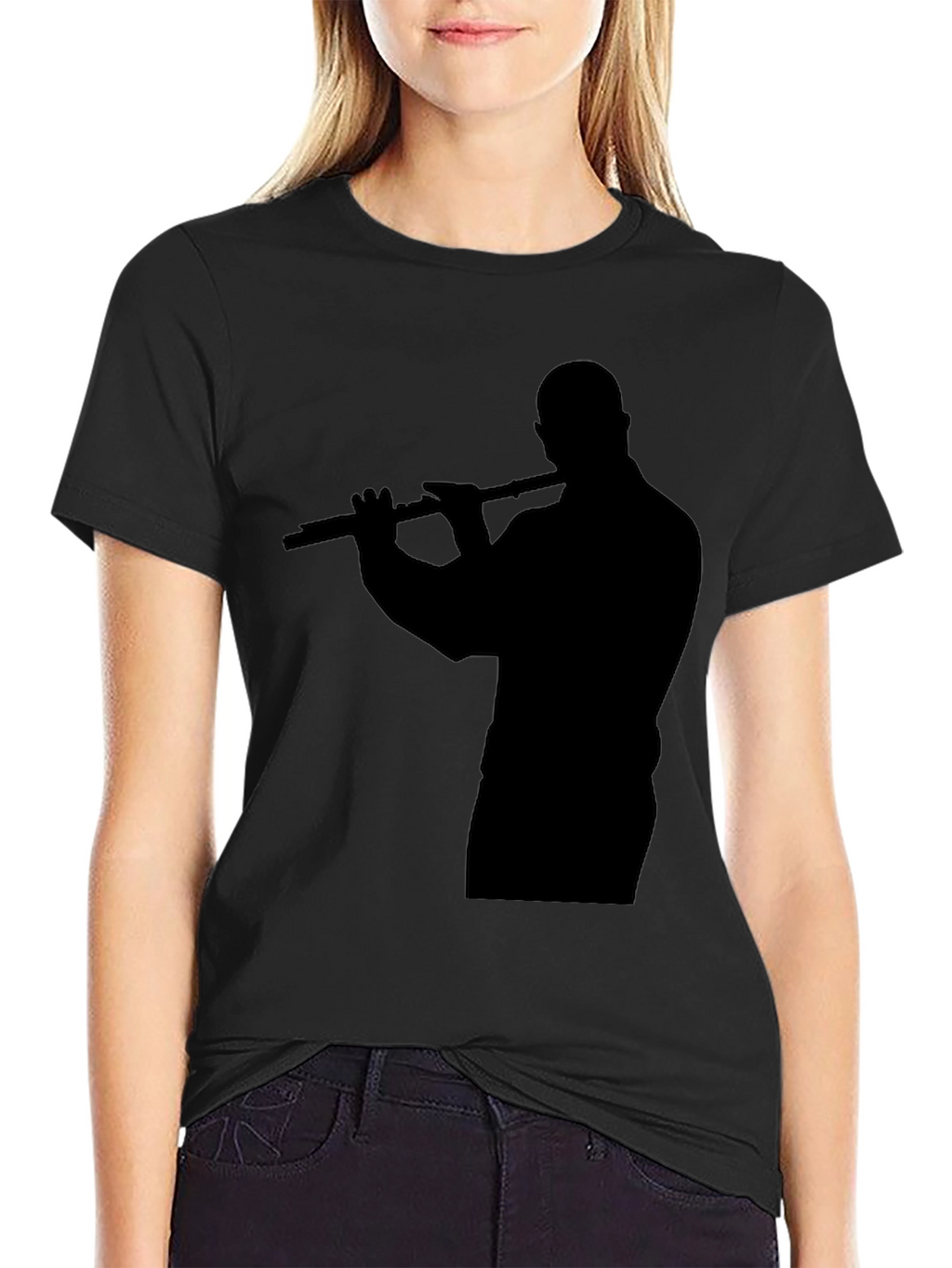 Silhouette Flute Player Black T-Shirt