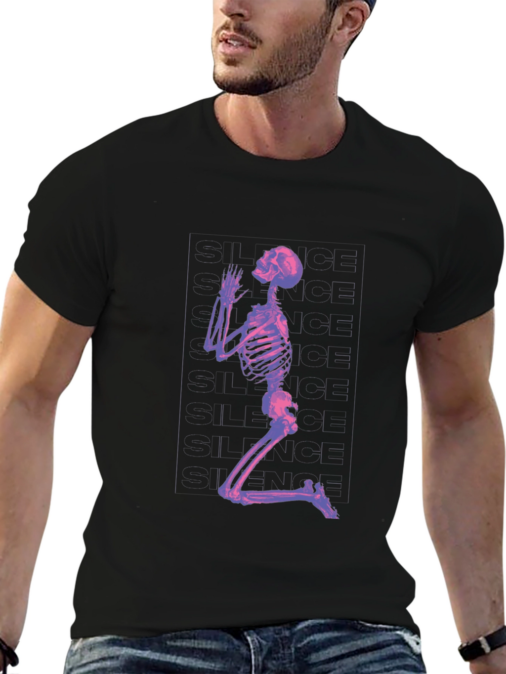 Praying Skeleton Graphic T-Shirt - Black