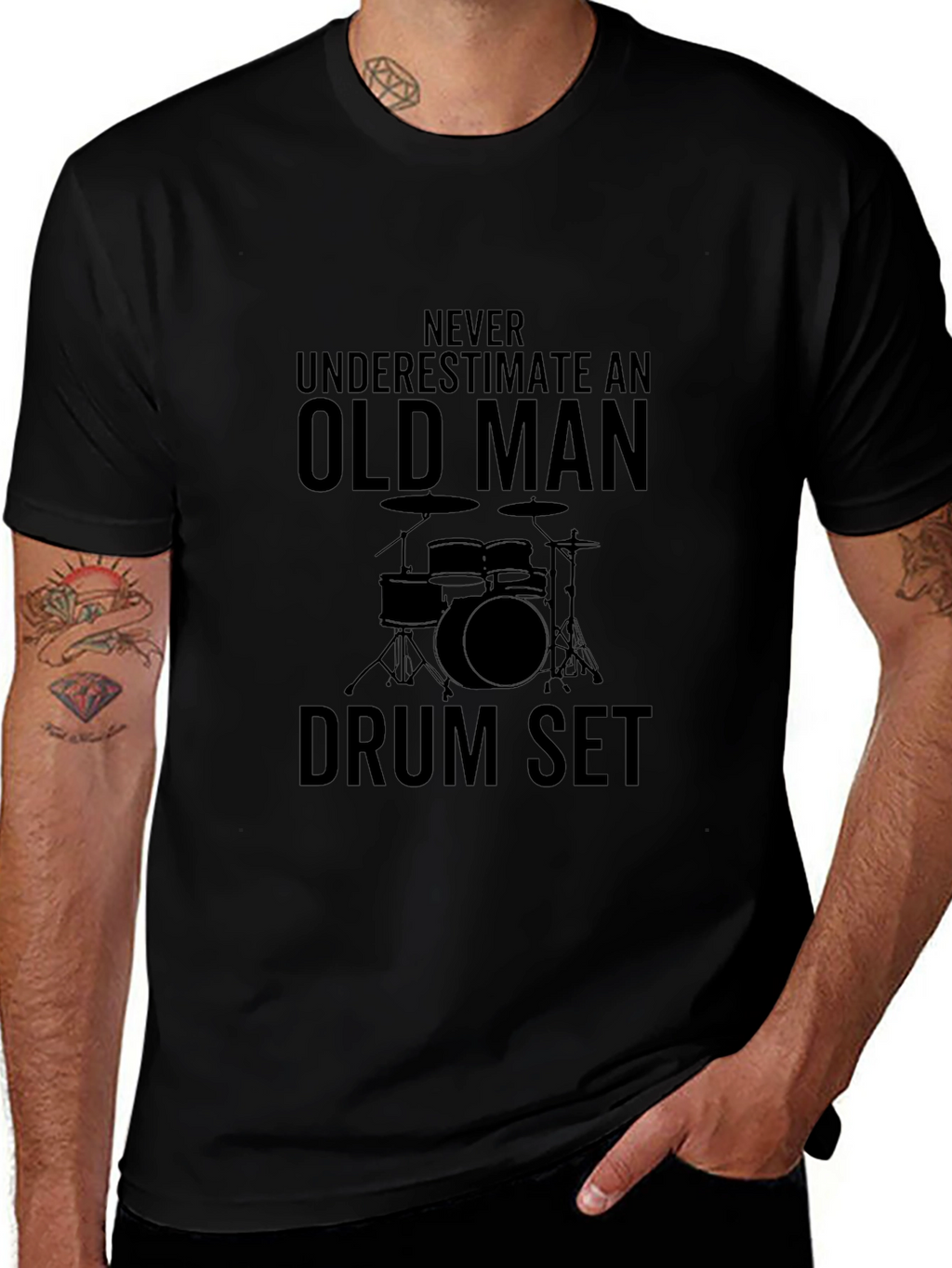 Old Man Drum Set Black T-Shirt