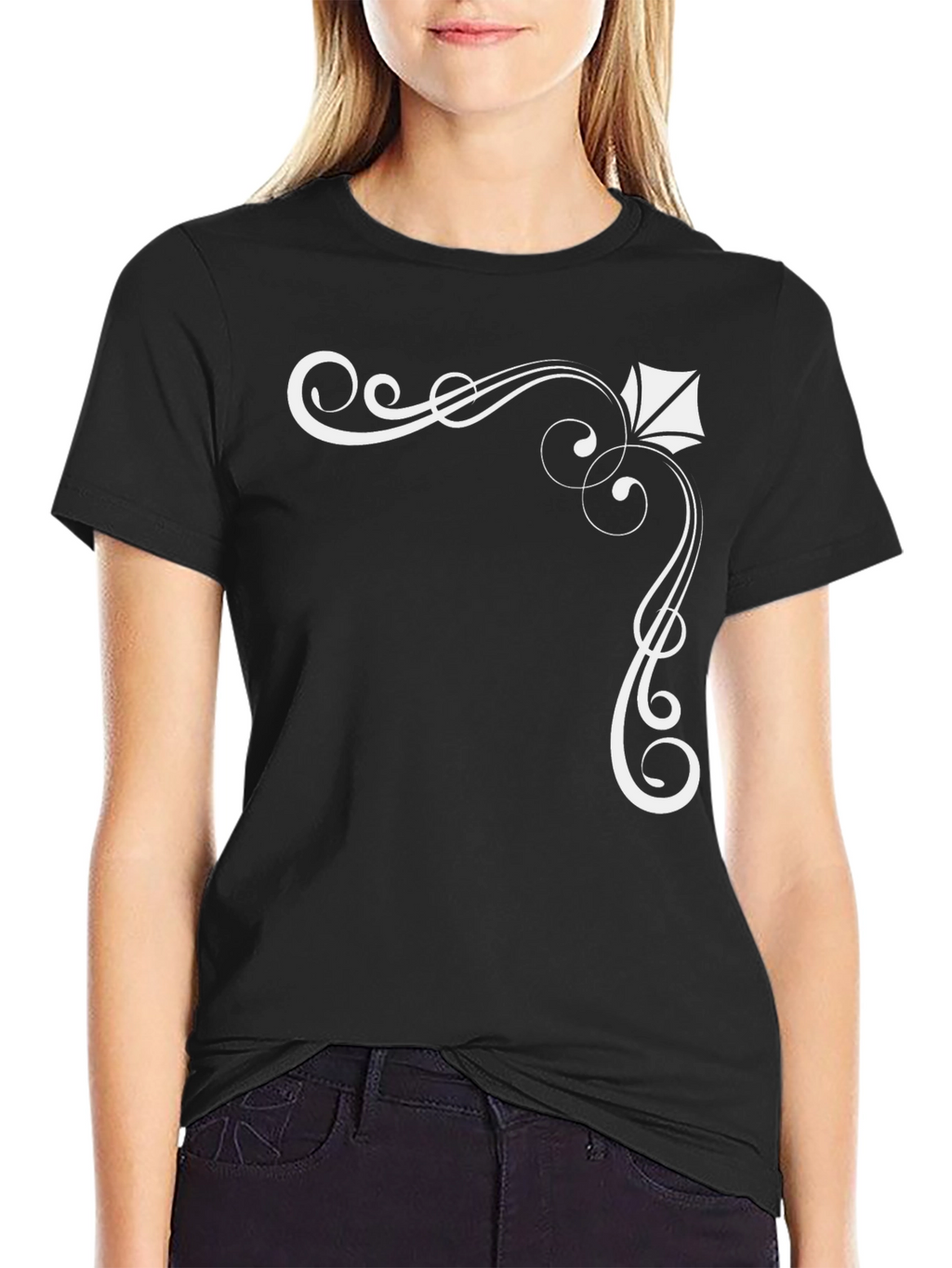 Elegant Black T-Shirt with White Ornamental Design