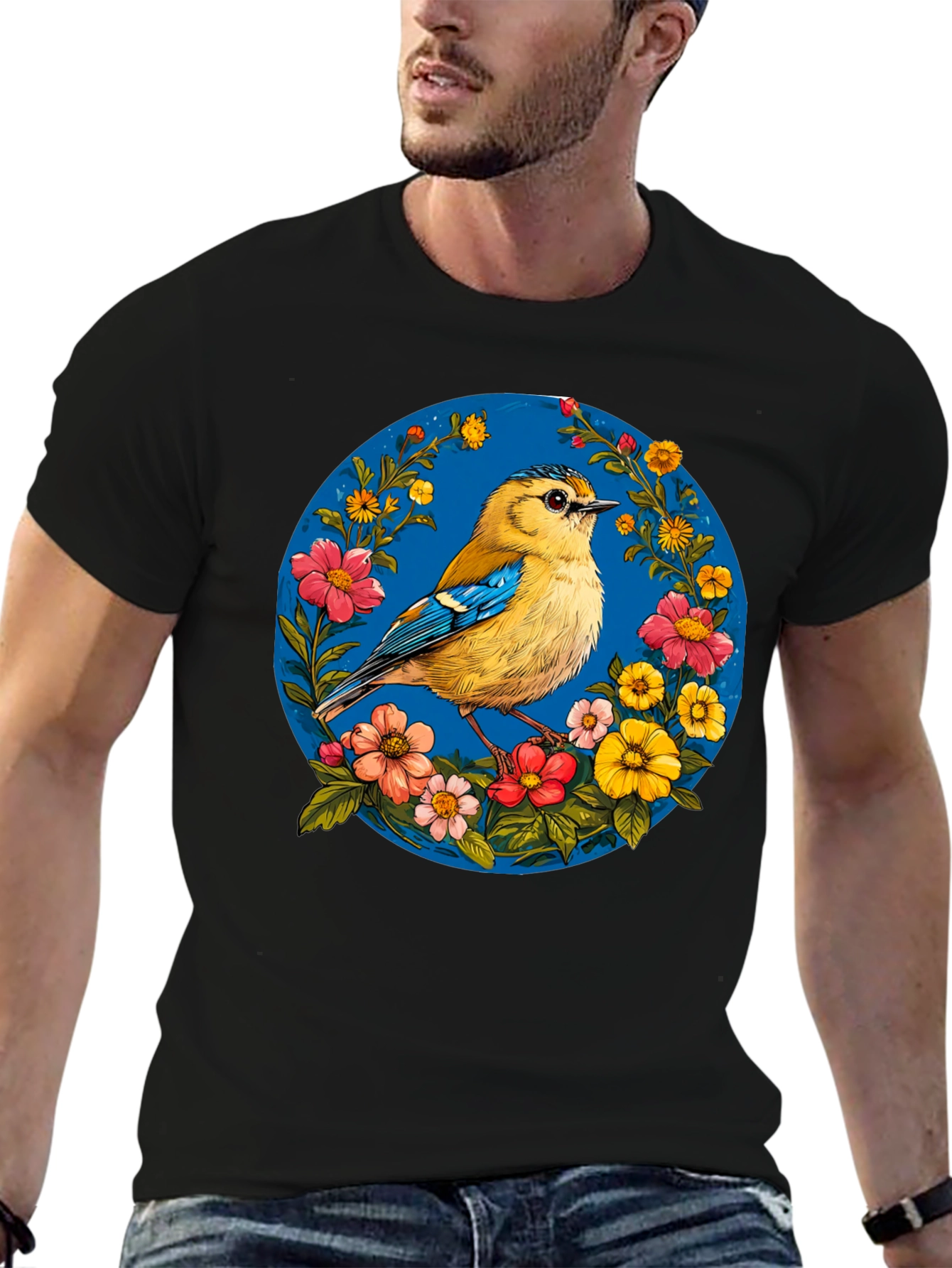 Bird & Floral Graphic Tee - Black Unisex T-Shirt
