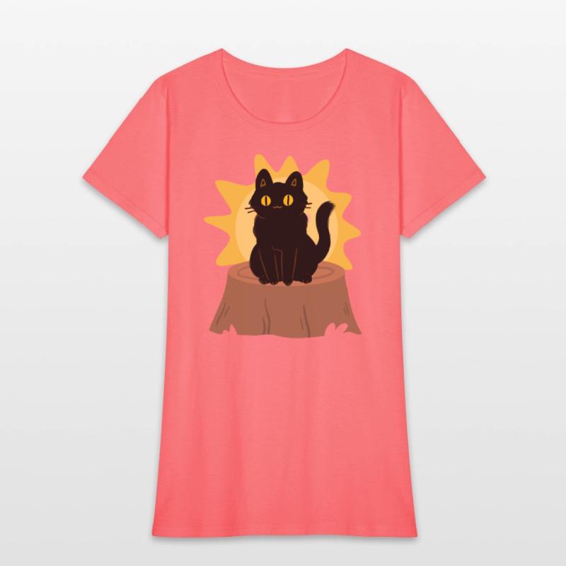 Cute Black Cat is Sitting On the Cutting Trunk