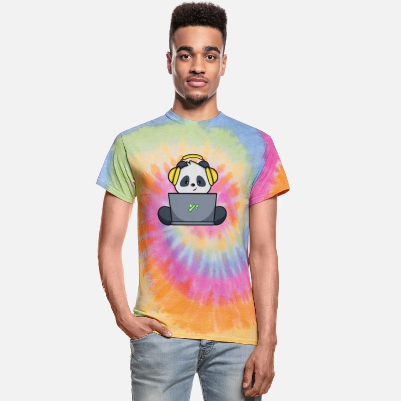 Cute panda with yellow headset and laptop