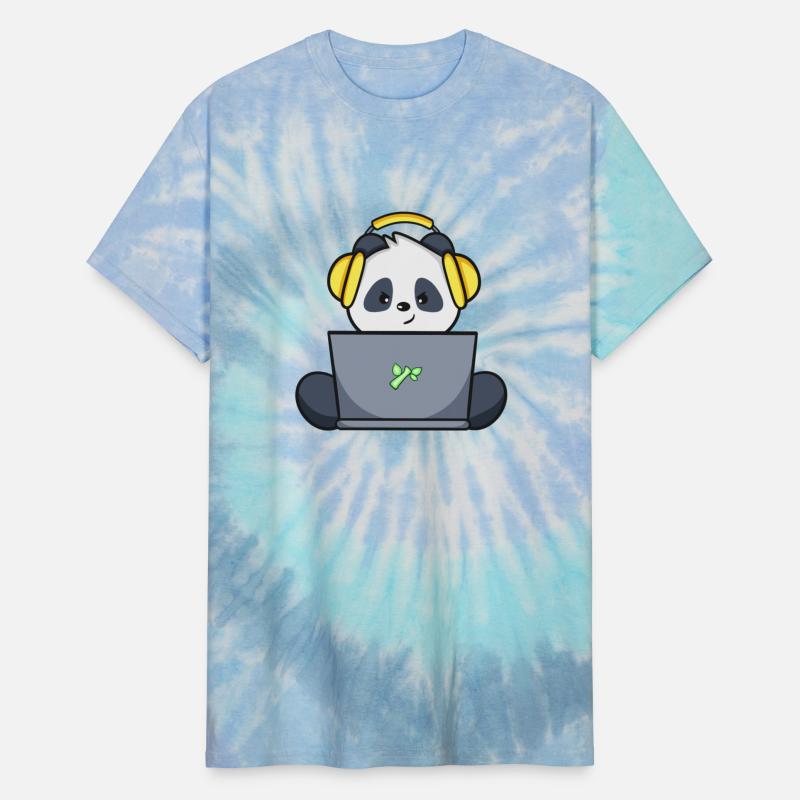 Cute panda with yellow headset and laptop