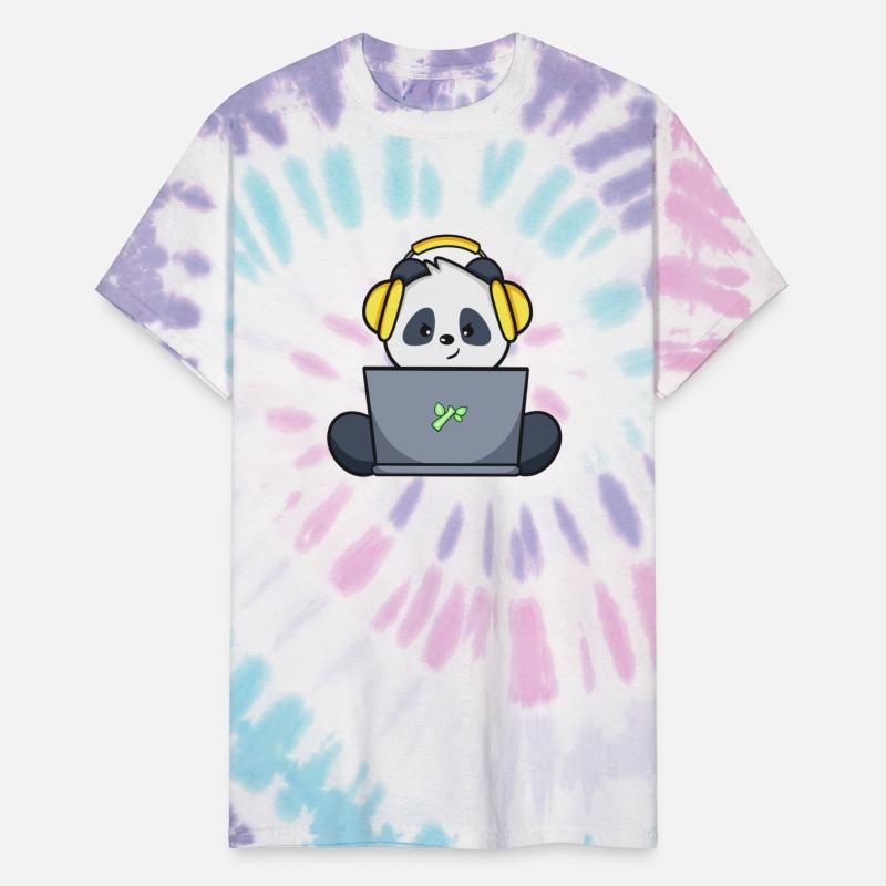 Cute panda with yellow headset and laptop