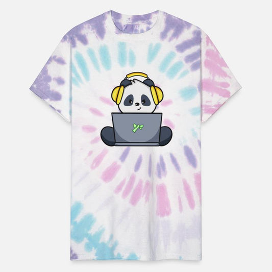 Cute panda with yellow headset and laptop