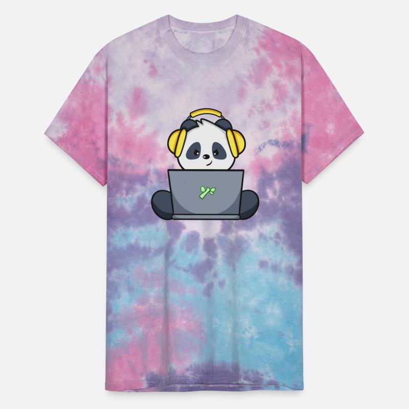 Cute panda with yellow headset and laptop