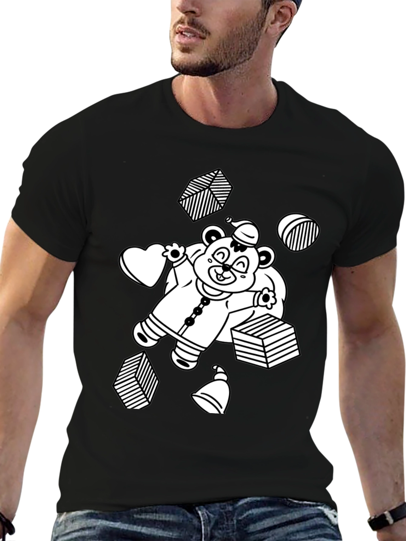 Festive Bear Graphic Tee - Black Cotton Comfort