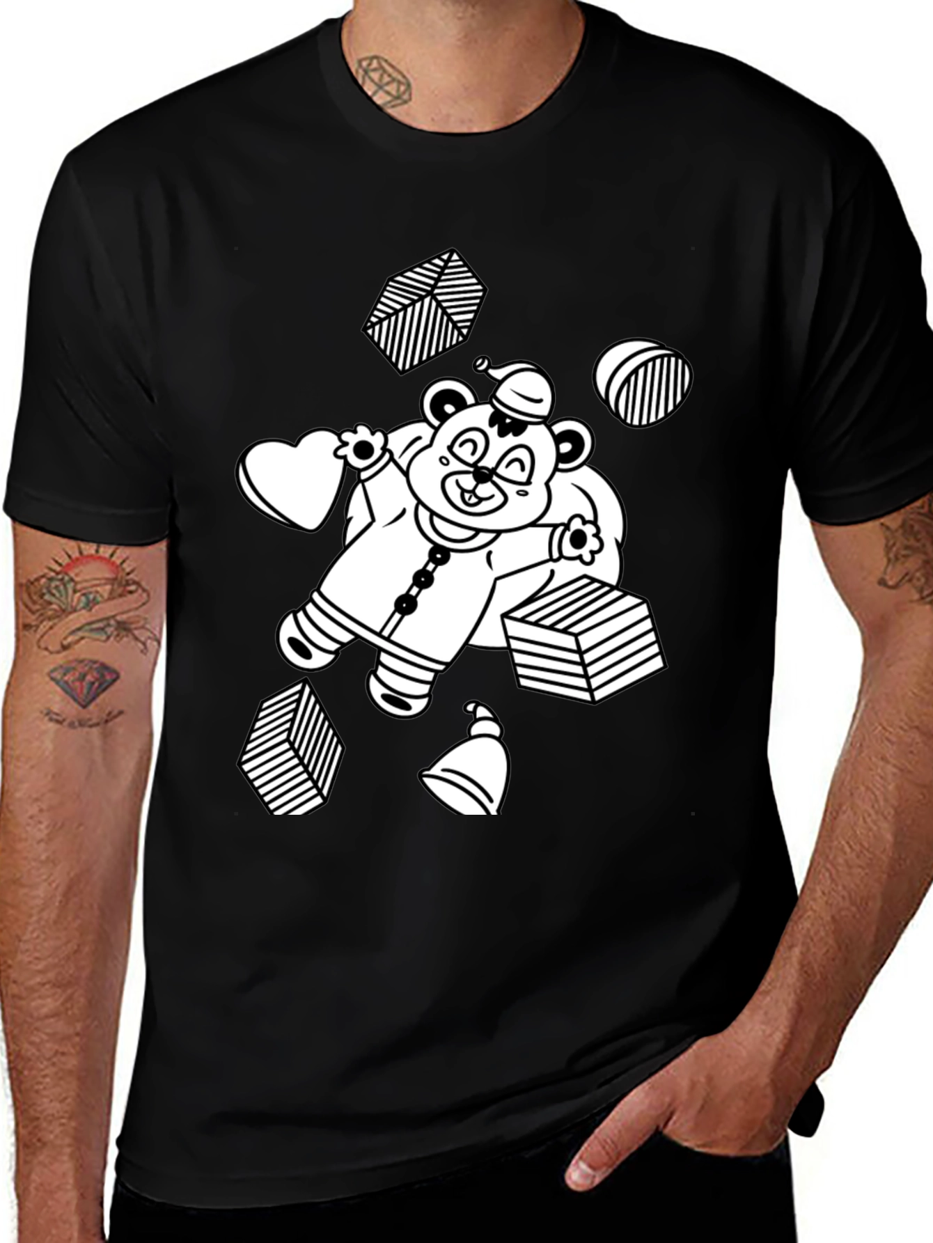 Festive Bear Graphic Tee - Black Cotton Comfort