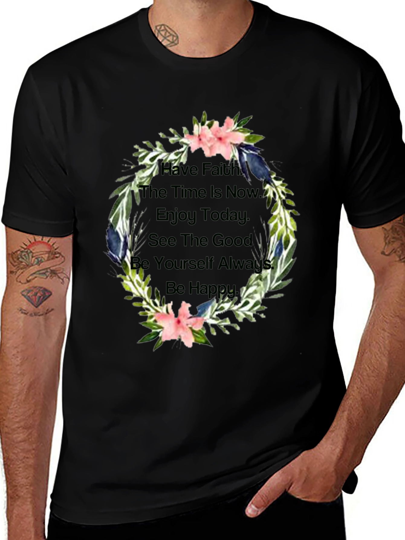 Floral Motivational Quote Black T-Shirt