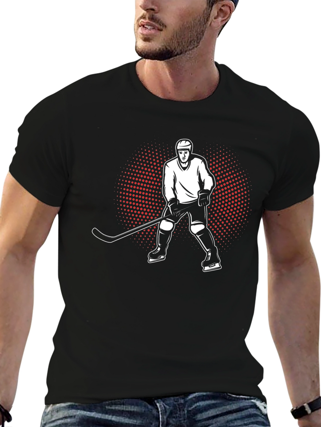 Hockey Player Graphic Tee - Black Cotton T-Shirt