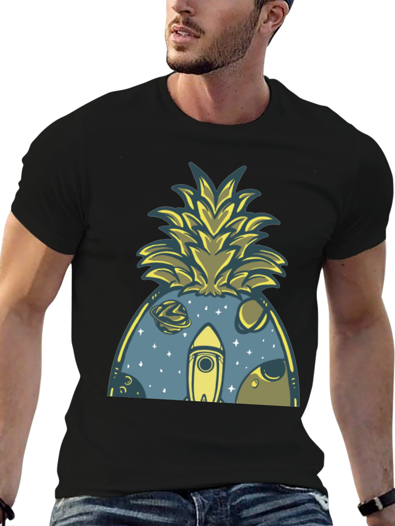 Space Pineapple Graphic Tee - Black Cotton Blend