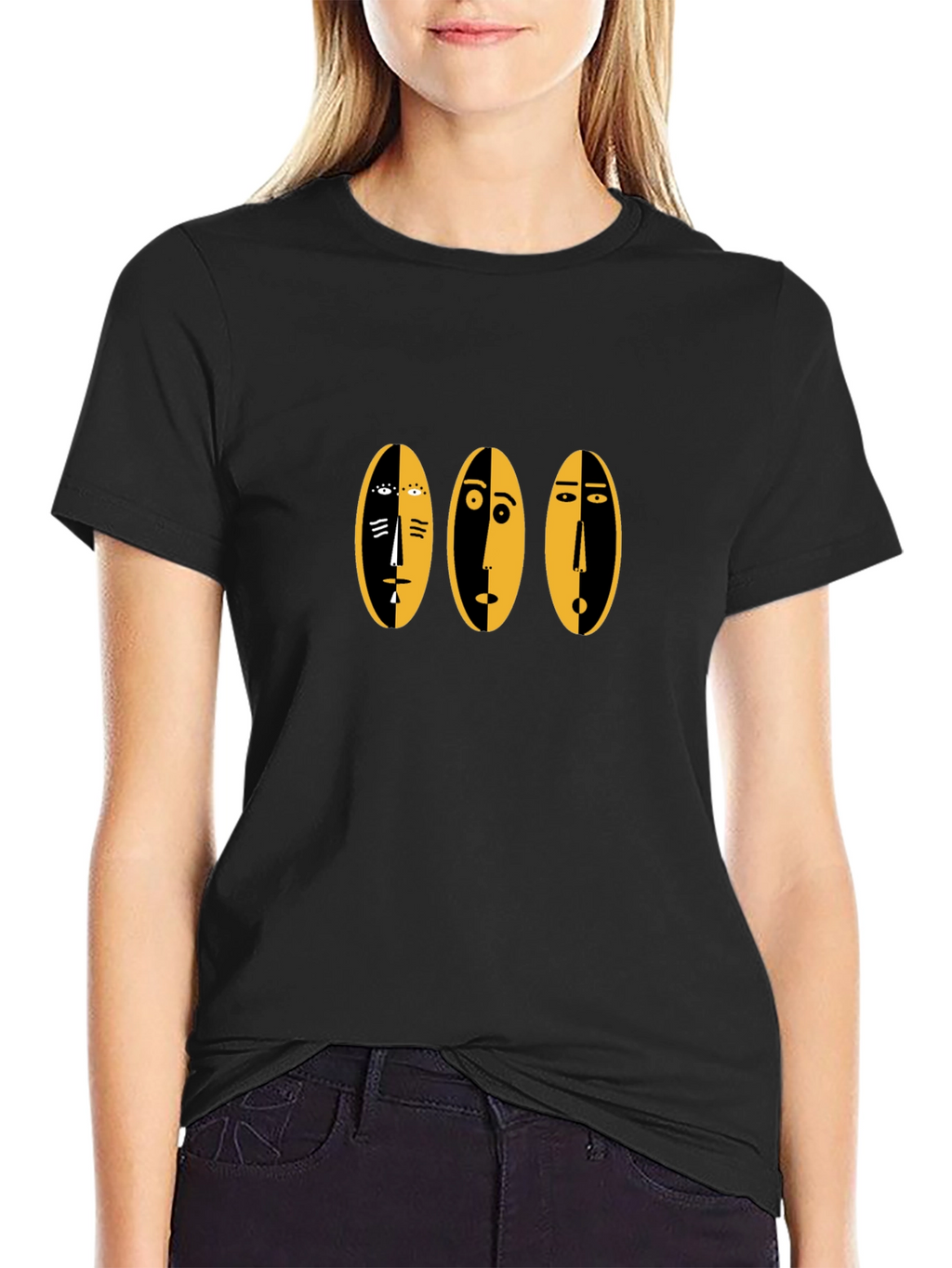Abstract Faces Graphic Tee - Black Cotton Casual Shirt