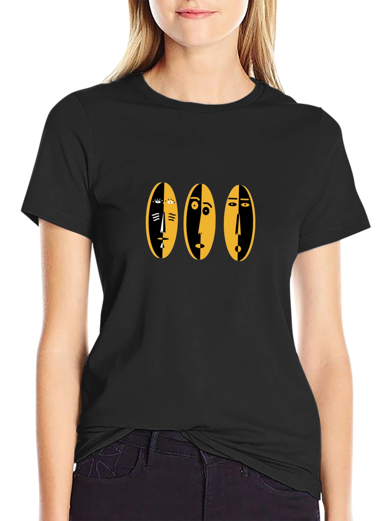 Abstract Faces Graphic Tee - Black Cotton Casual Shirt