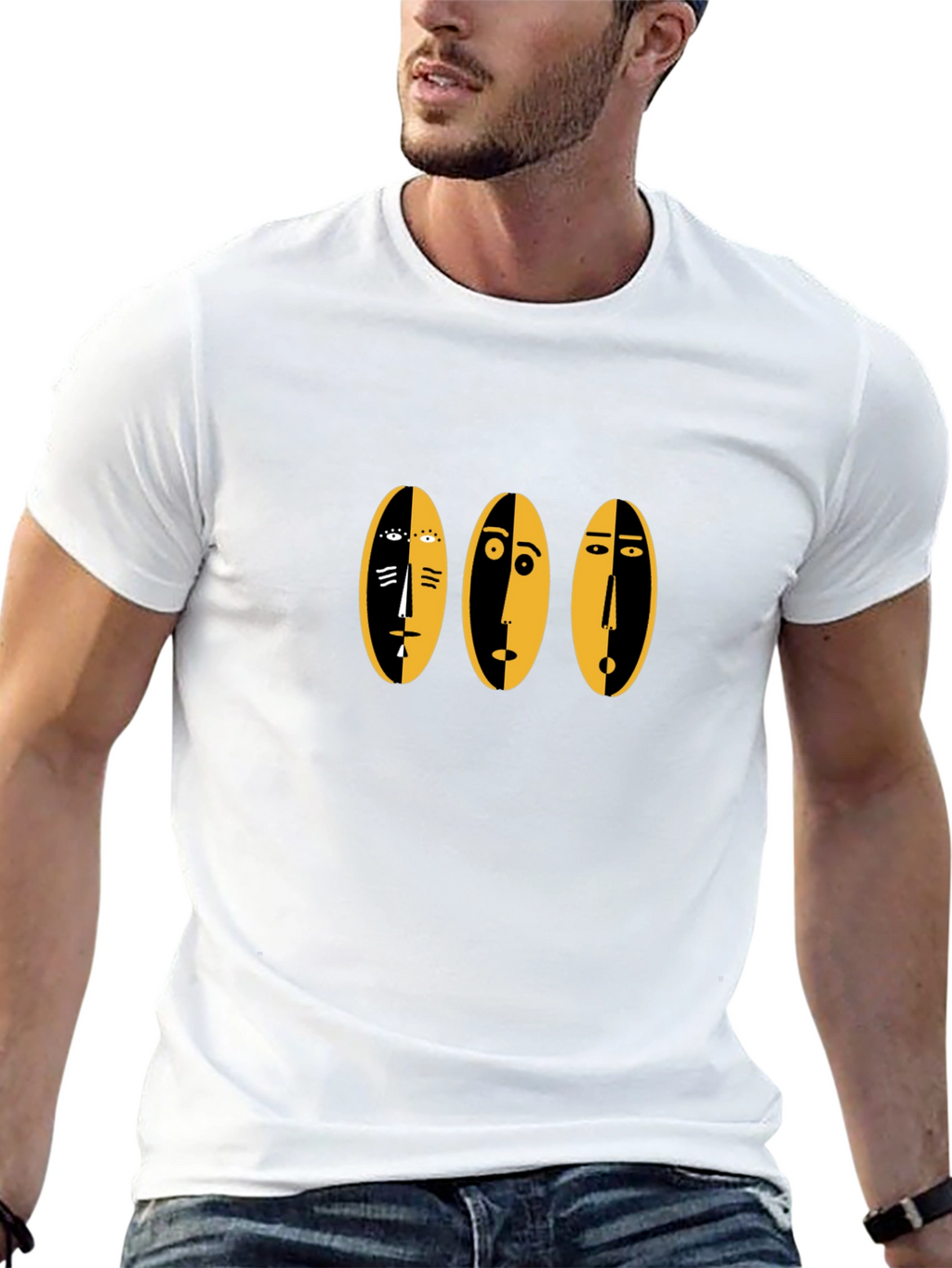 Abstract Faces Graphic Tee - Black Cotton Casual Shirt
