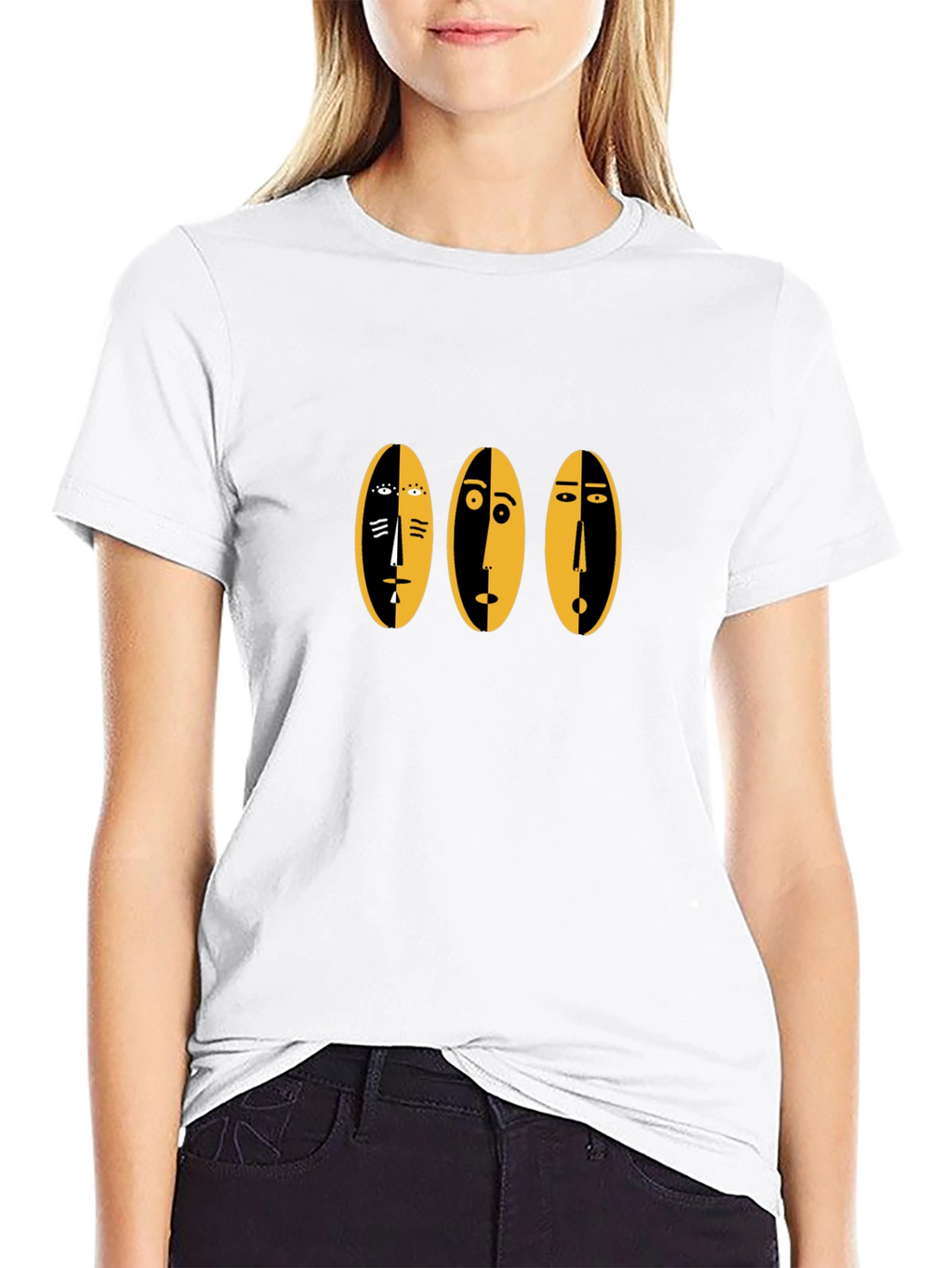 Abstract Faces Graphic Tee - Black Cotton Casual Shirt