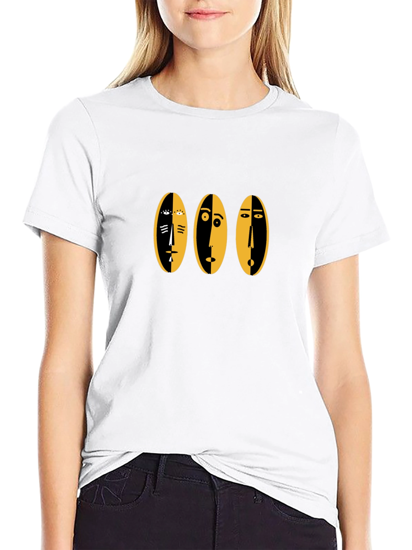 Abstract Faces Graphic Tee - Black Cotton Casual Shirt