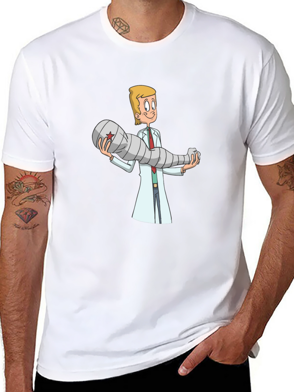 Cartoon Doctor Holding Bionic Arm T-Shirt