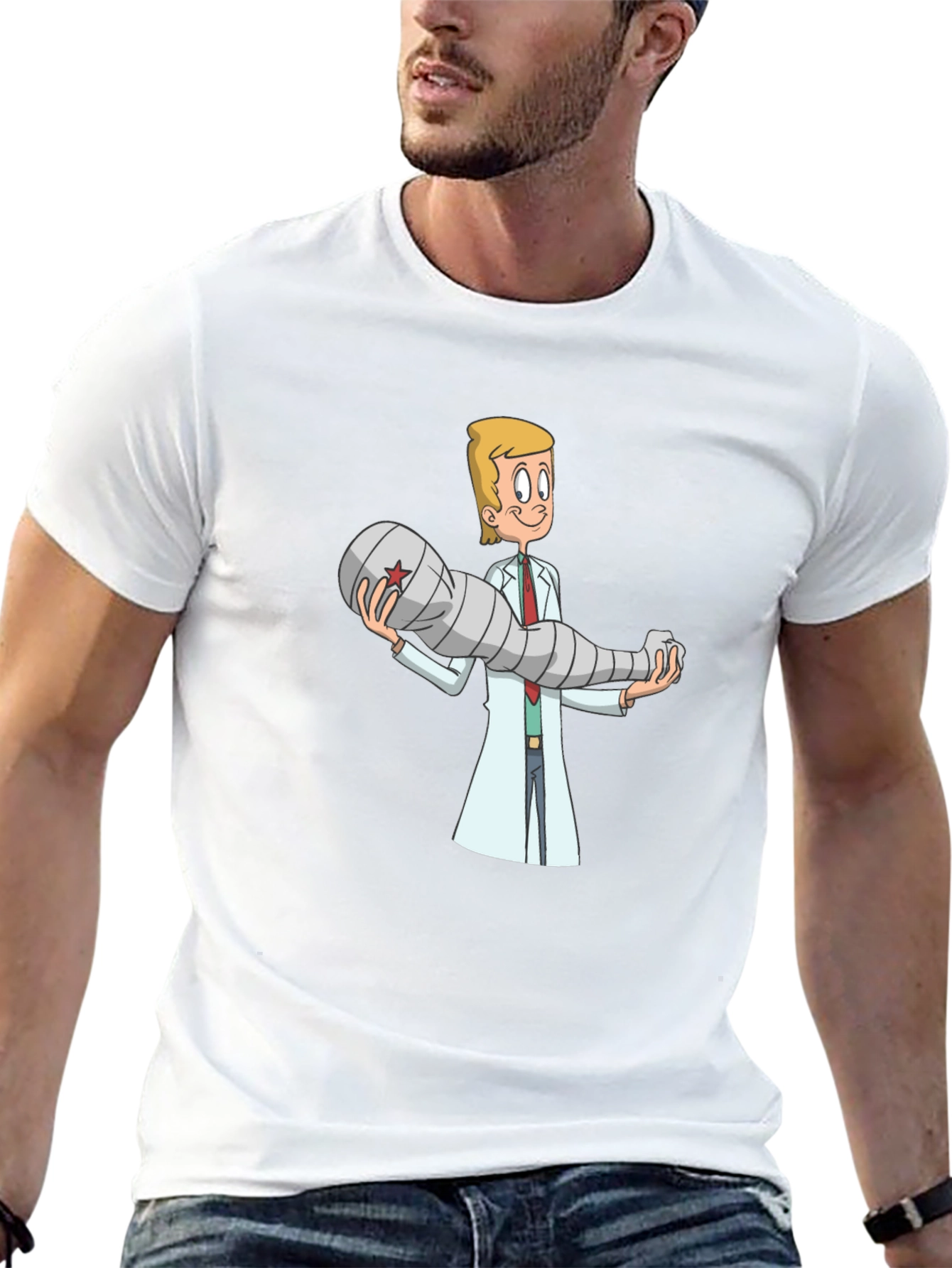 Cartoon Doctor Holding Bionic Arm T-Shirt