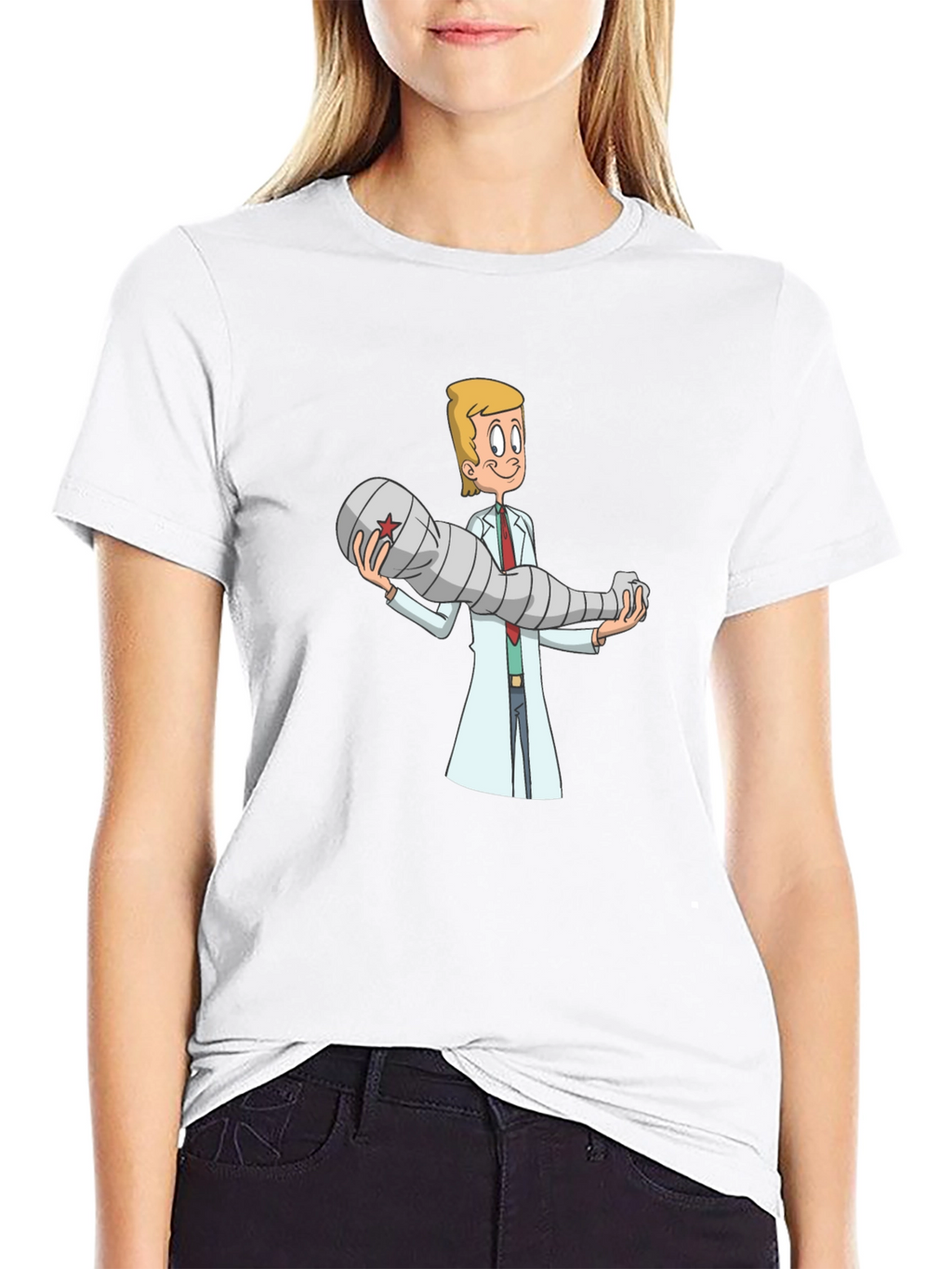 Cartoon Doctor Holding Bionic Arm T-Shirt