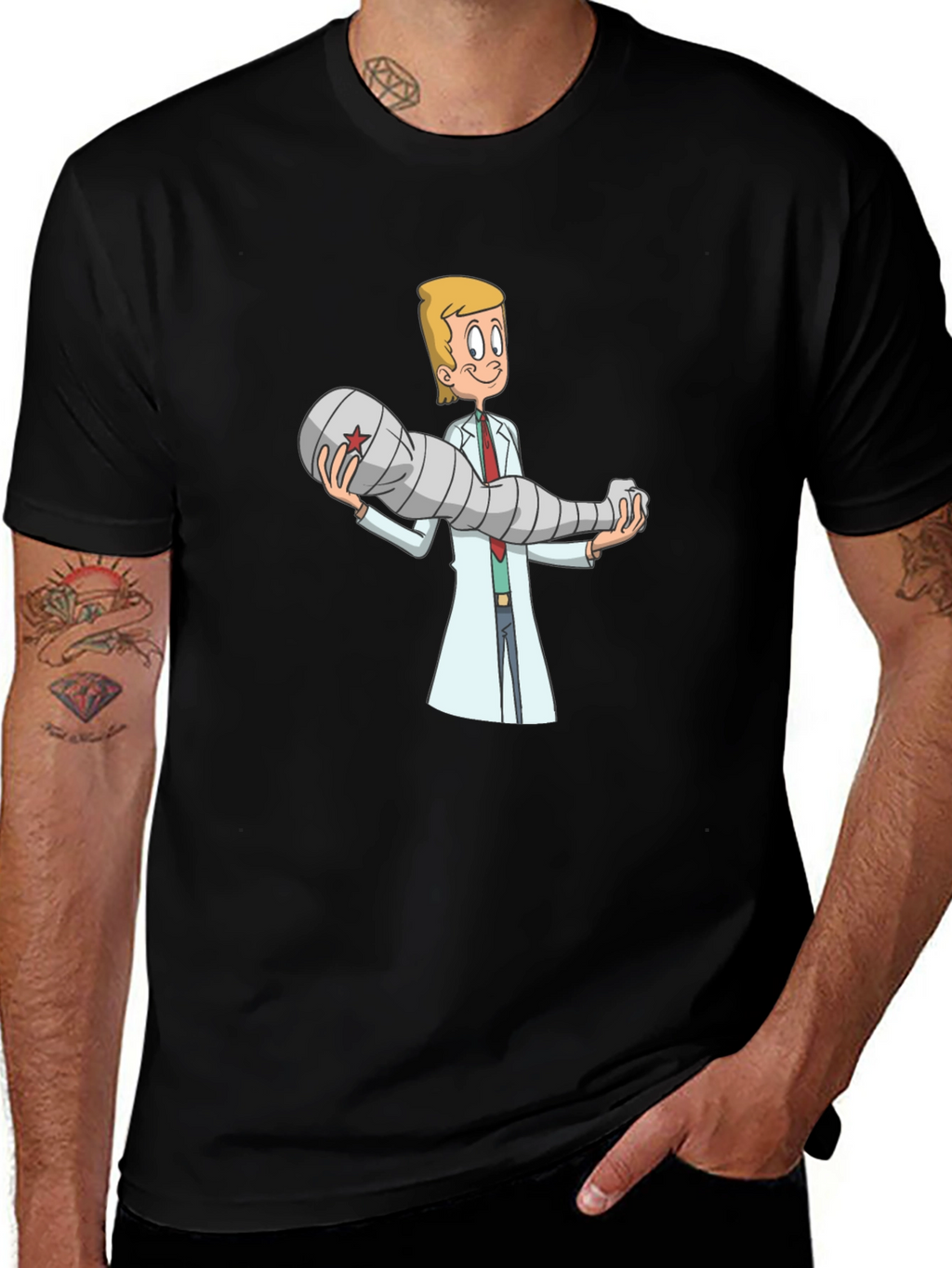 Cartoon Doctor Holding Bionic Arm T-Shirt