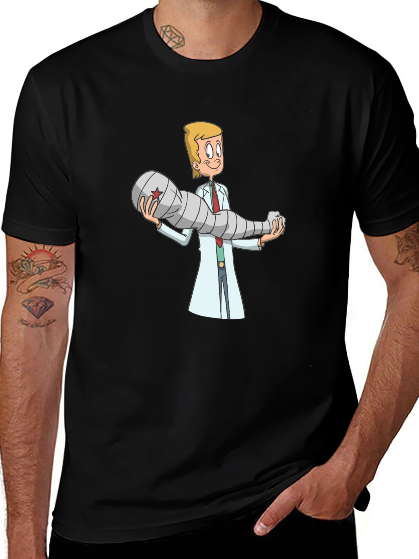 Cartoon Doctor Holding Bionic Arm T-Shirt