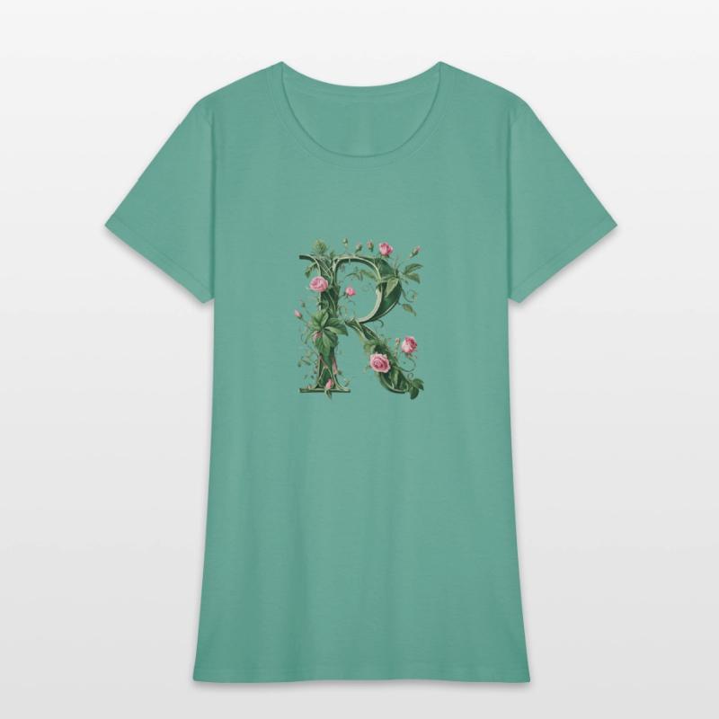Elegant Floral Letter R with Pink Roses and Green