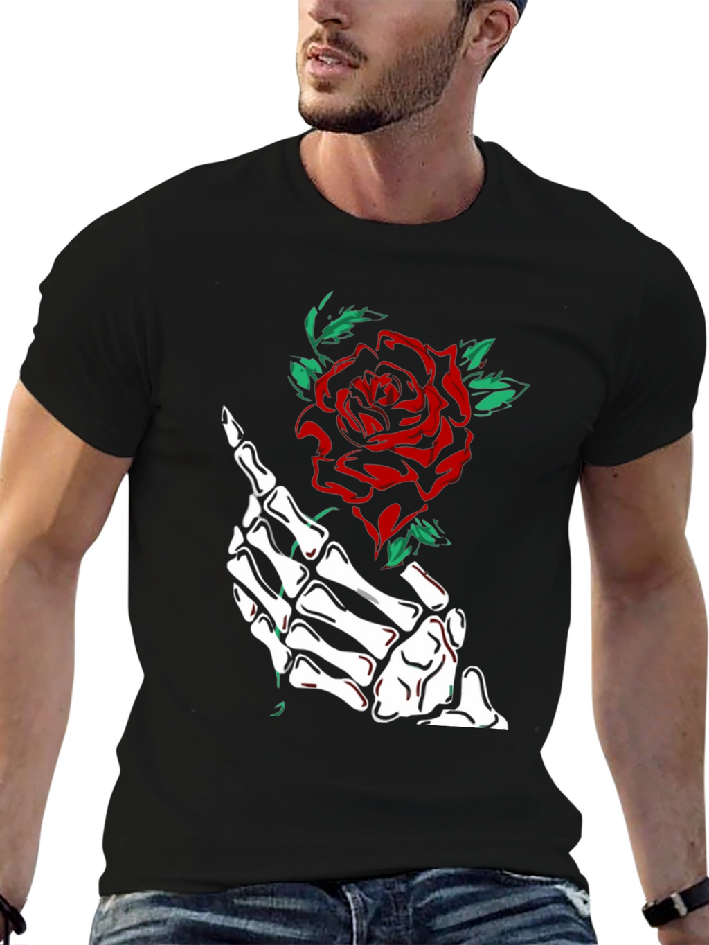 Skeleton Hand Rose Graphic Tee - Black