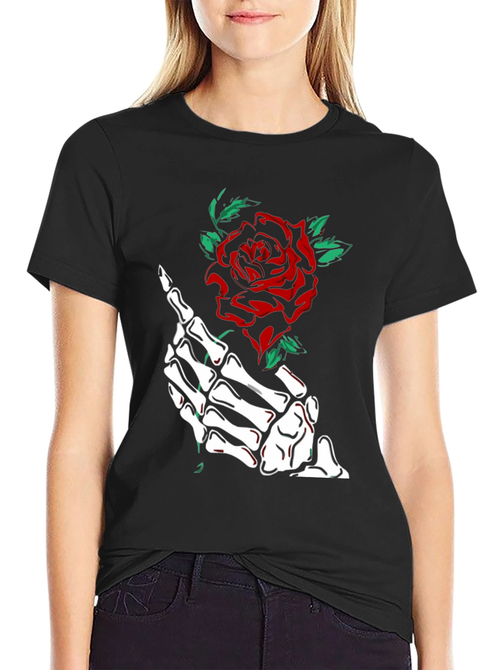 Skeleton Hand Rose Graphic Tee - Black