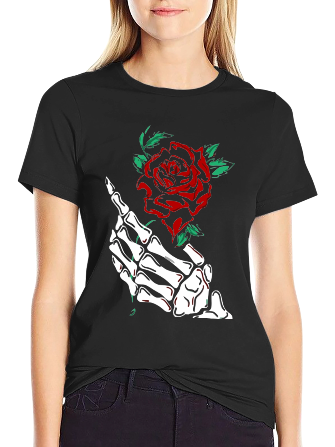 Skeleton Hand Rose Graphic Tee - Black