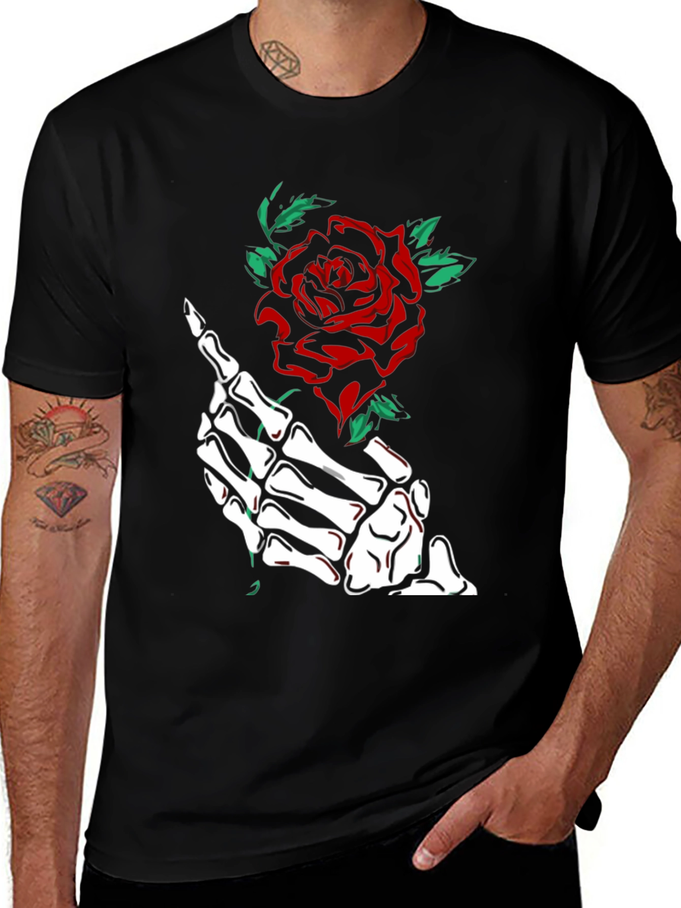 Skeleton Hand Rose Graphic Tee - Black