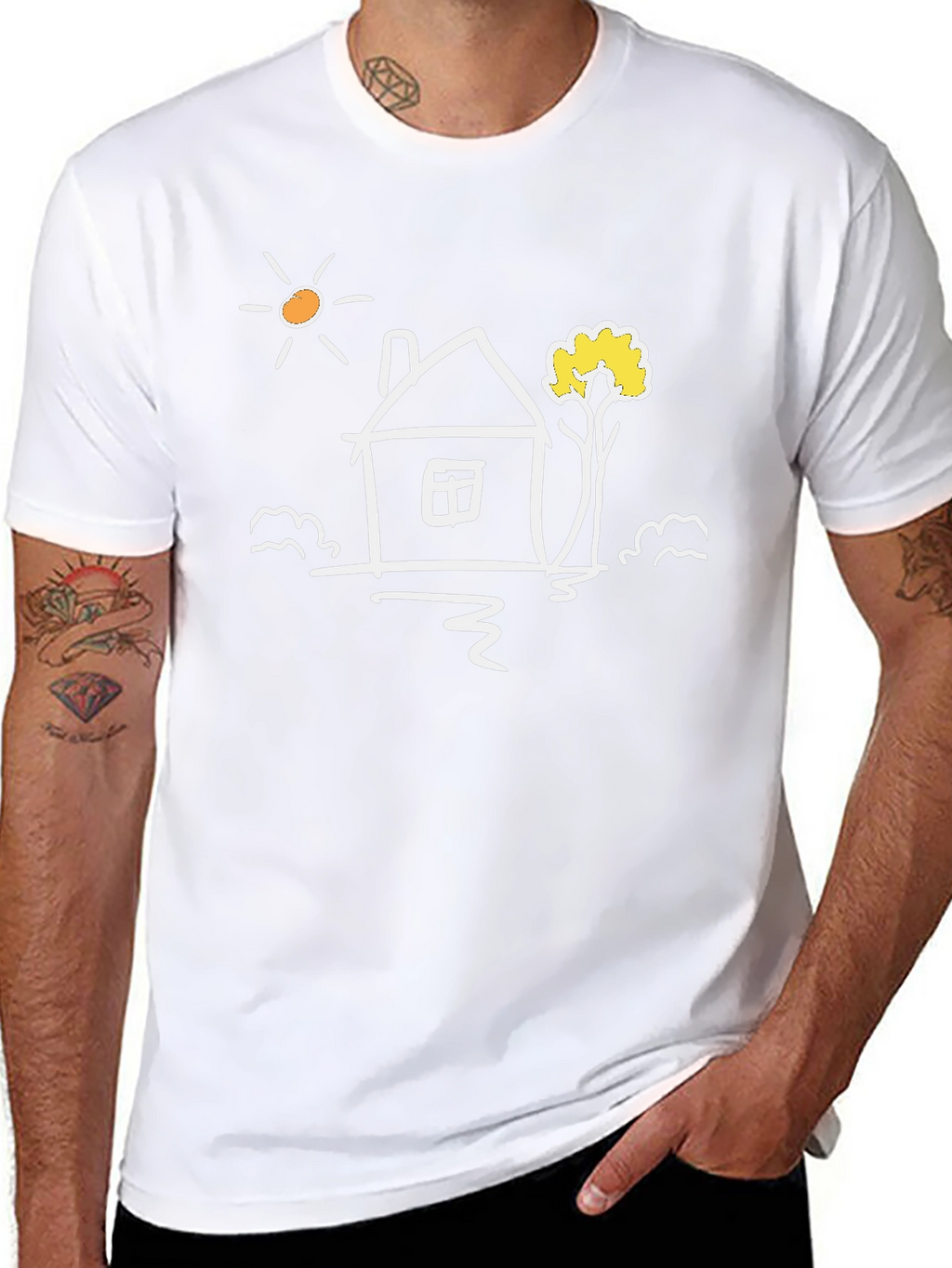 Black Cotton Tee with Whimsical House Graphic