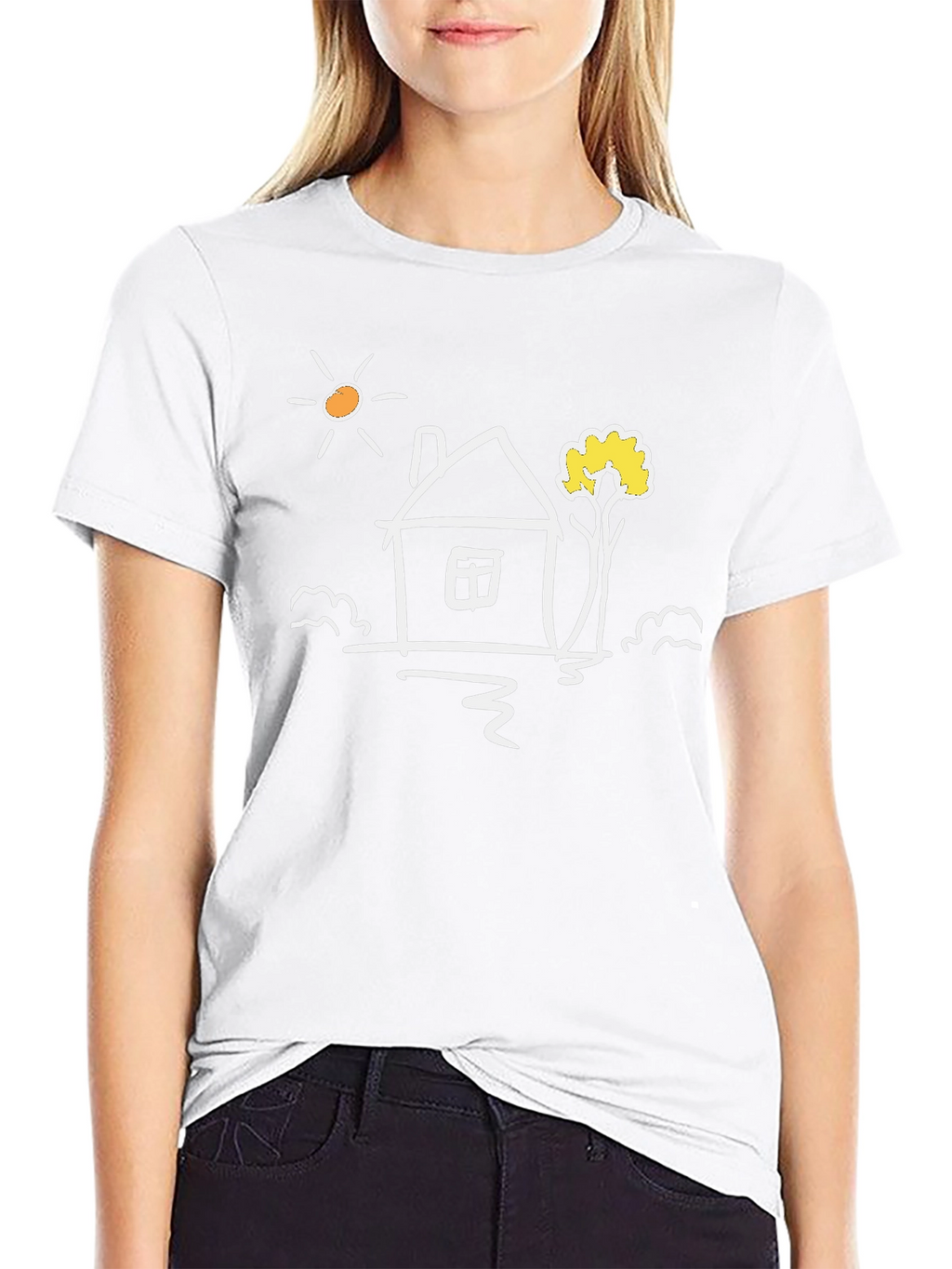 Black Cotton Tee with Whimsical House Graphic