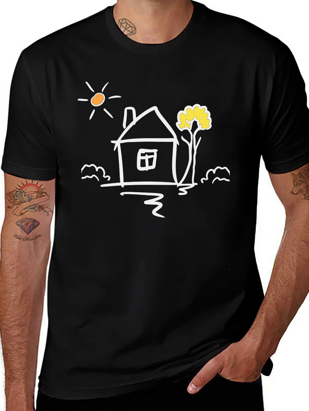 Black Cotton Tee with Whimsical House Graphic