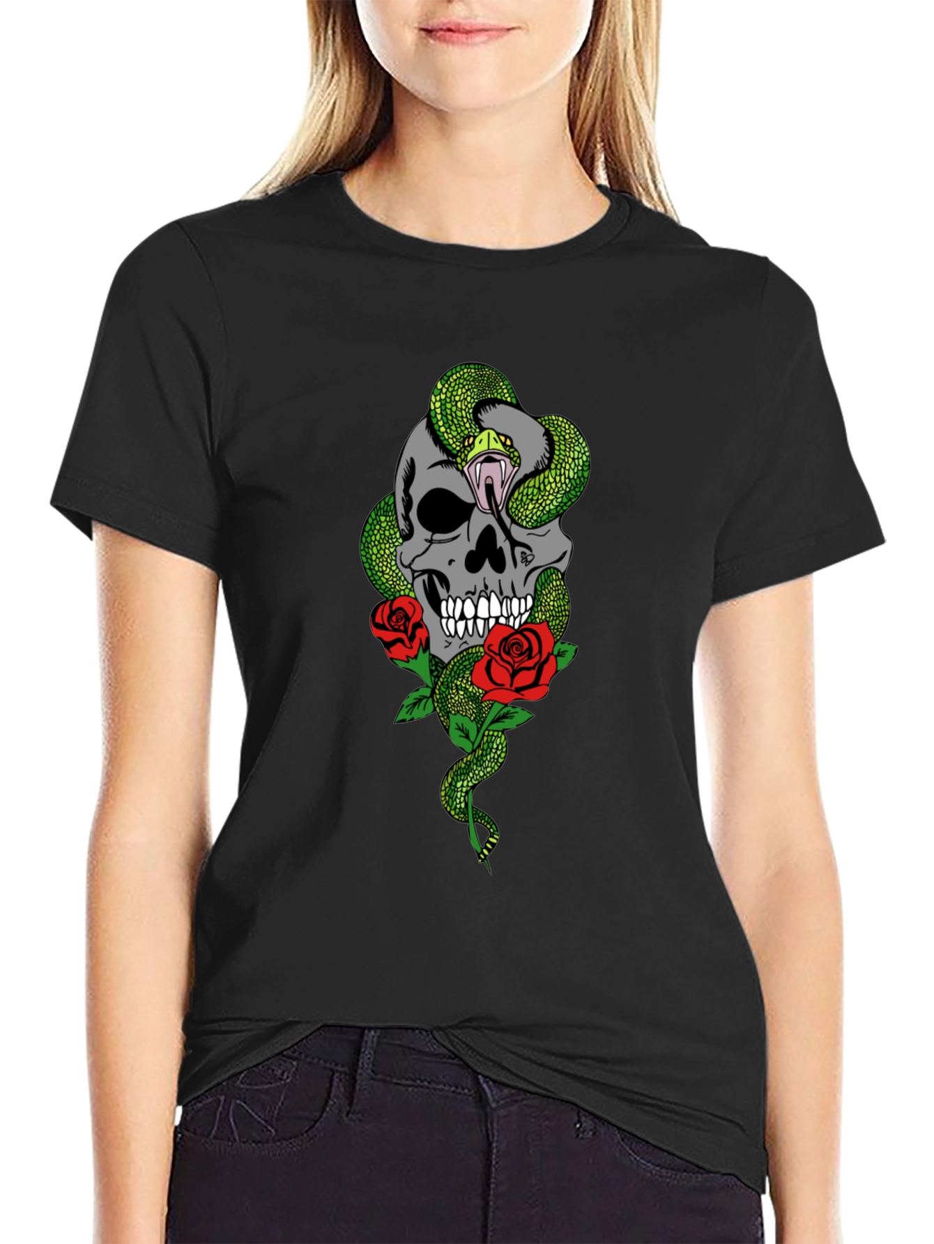 Skull Snake & Roses Graphic T-Shirt