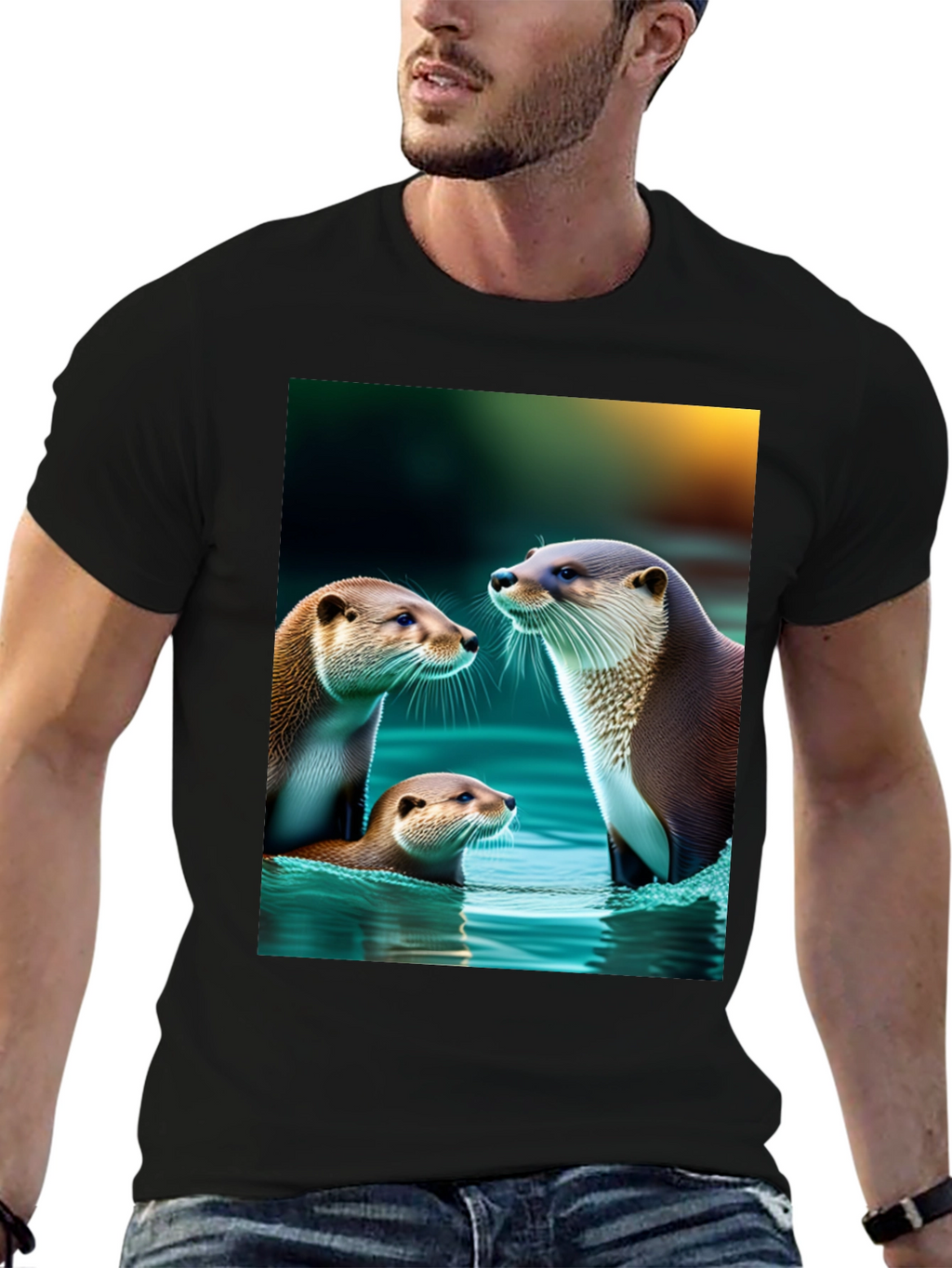 Otter Family Graphic Tee - Black Cotton Blend