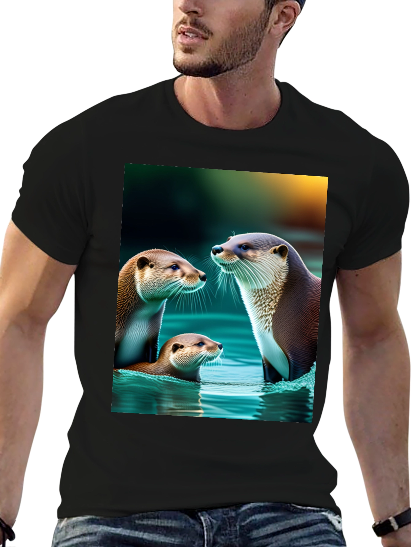 Otter Family Graphic Tee - Black Cotton Blend