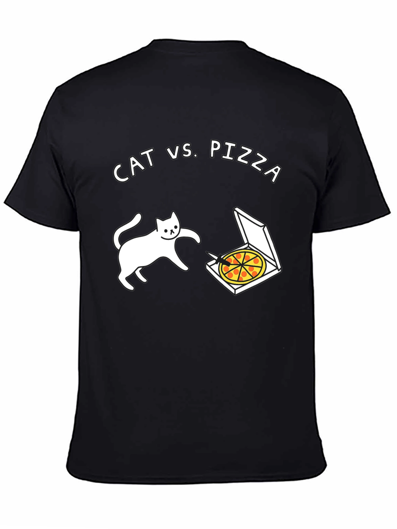 Cat vs. Pizza Graphic Tee - Black Short Sleeve Cotton Shirt
