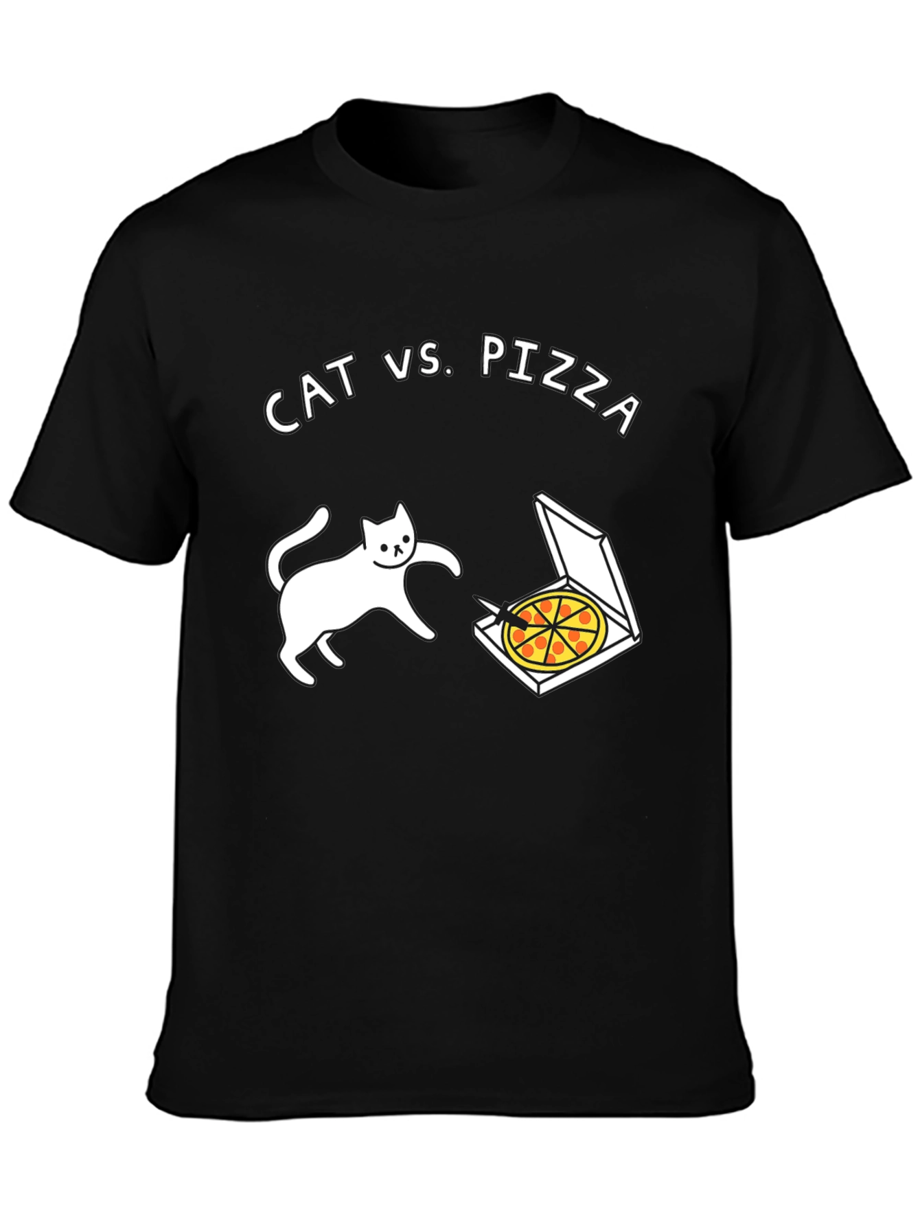 Cat vs. Pizza Graphic Tee - Black Short Sleeve Cotton Shirt
