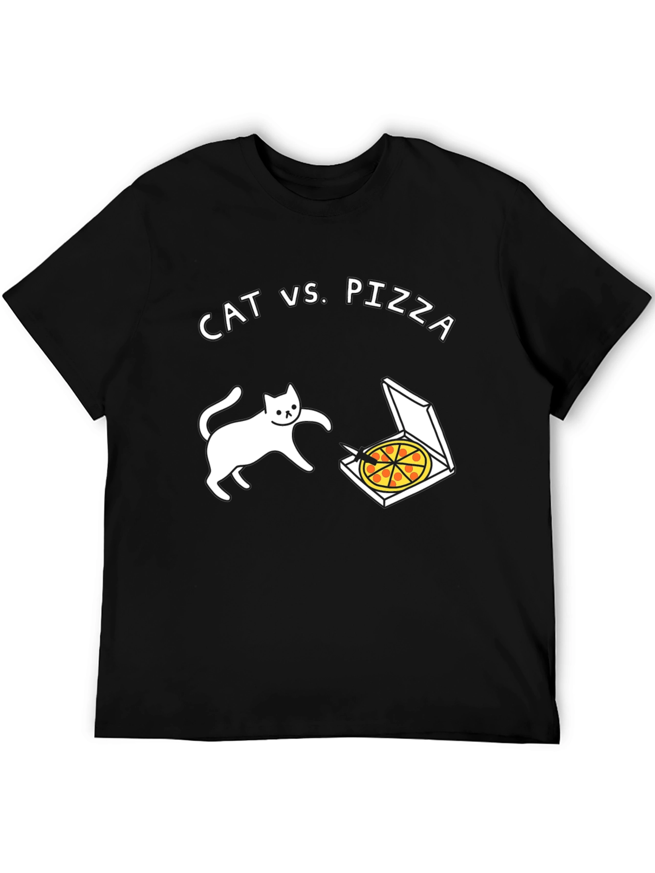 Cat vs. Pizza Graphic Tee - Black Short Sleeve Cotton Shirt