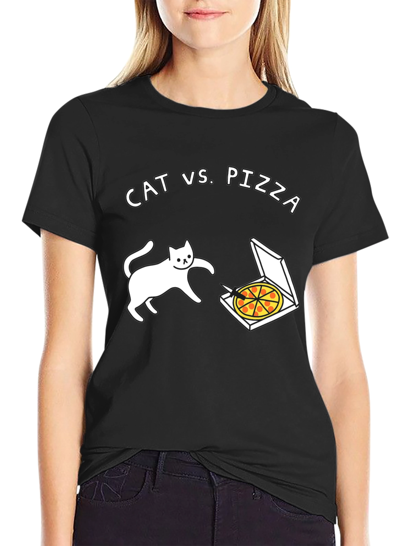 Cat vs. Pizza Graphic Tee - Black Short Sleeve Cotton Shirt