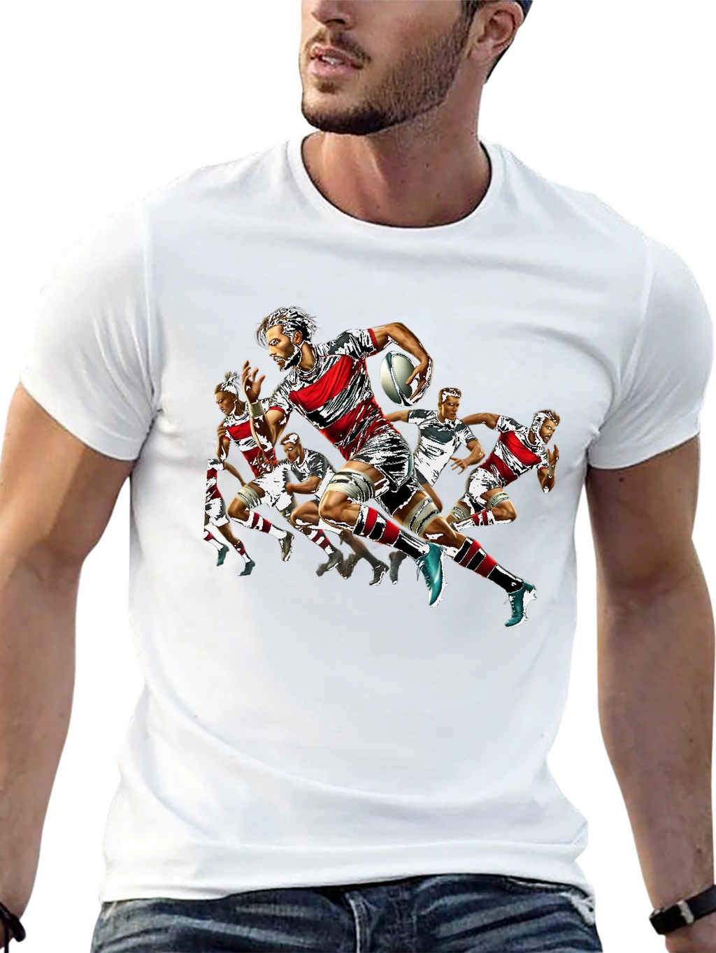 Rugby Player Graphic Print Crew Neck T-Shirt