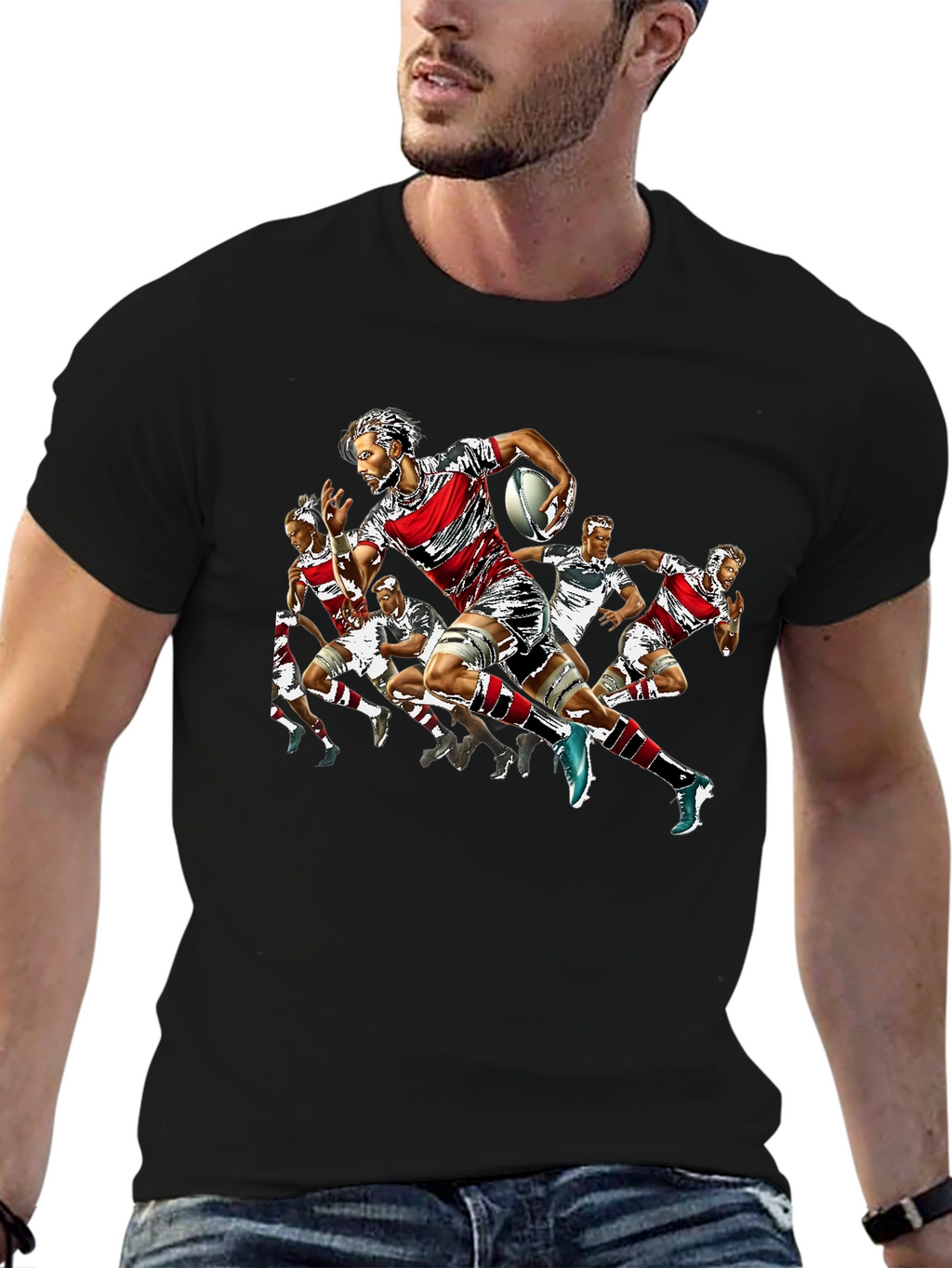 Rugby Player Graphic Print Crew Neck T-Shirt