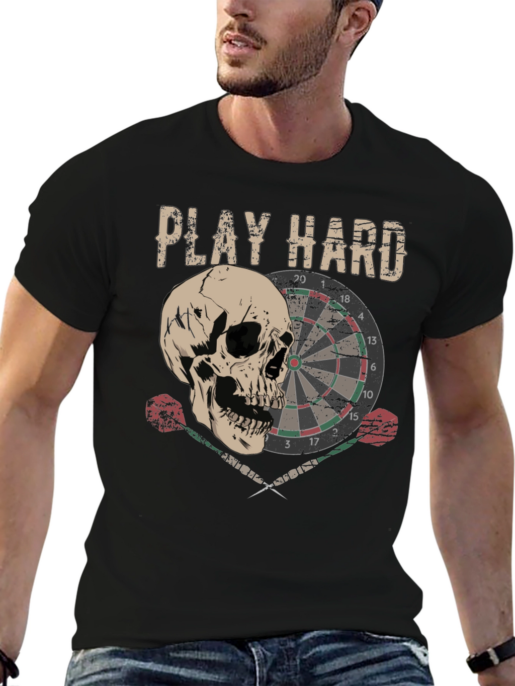 Play Hard Dartboard Skull Graphic T-Shirt