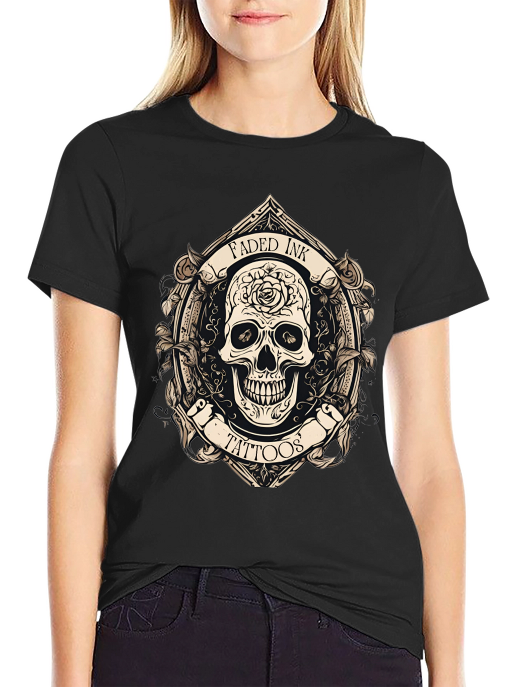 Faded Ink Tattoos Skull Graphic Black T-Shirt