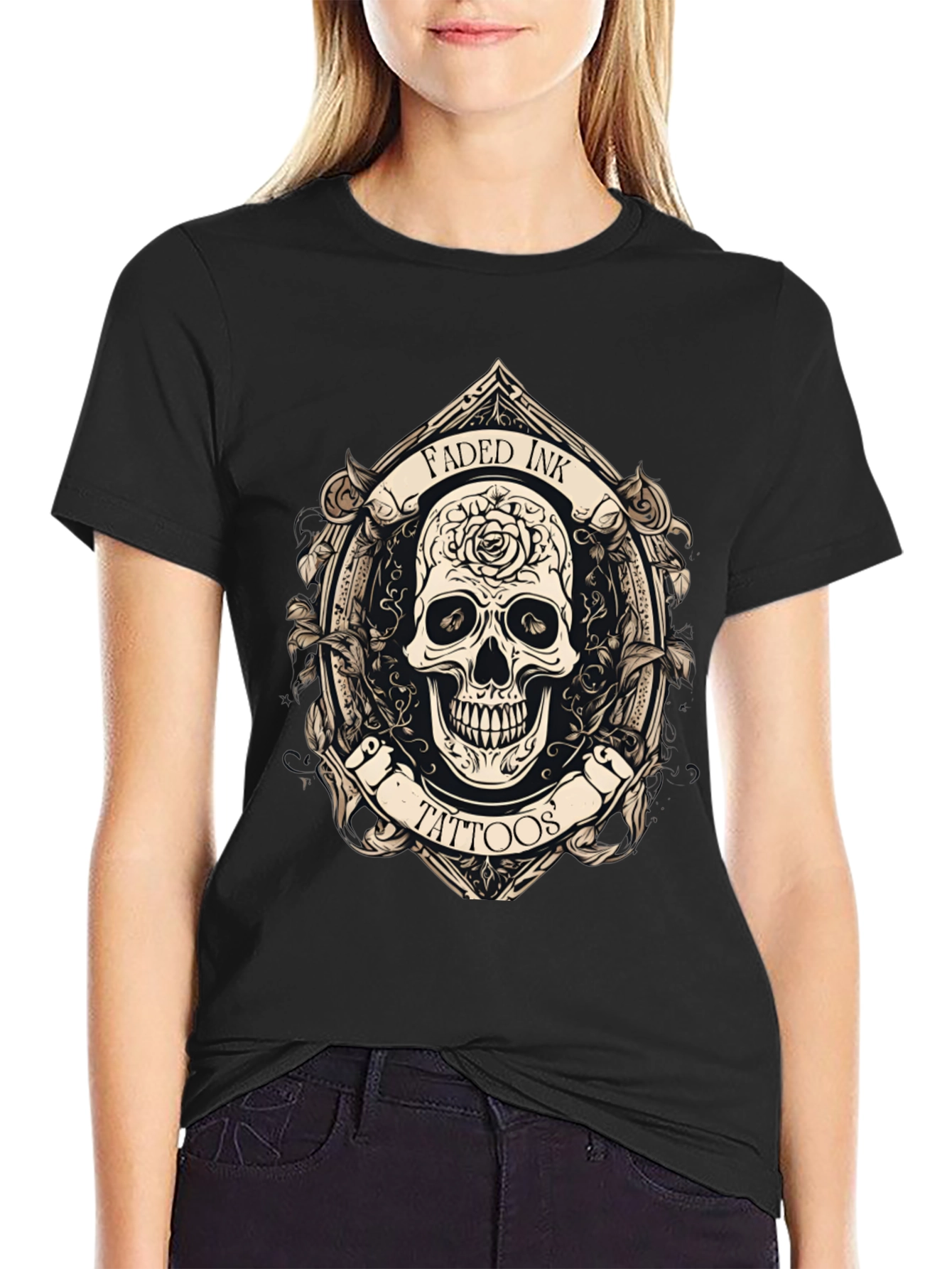 Faded Ink Tattoos Skull Graphic Black T-Shirt