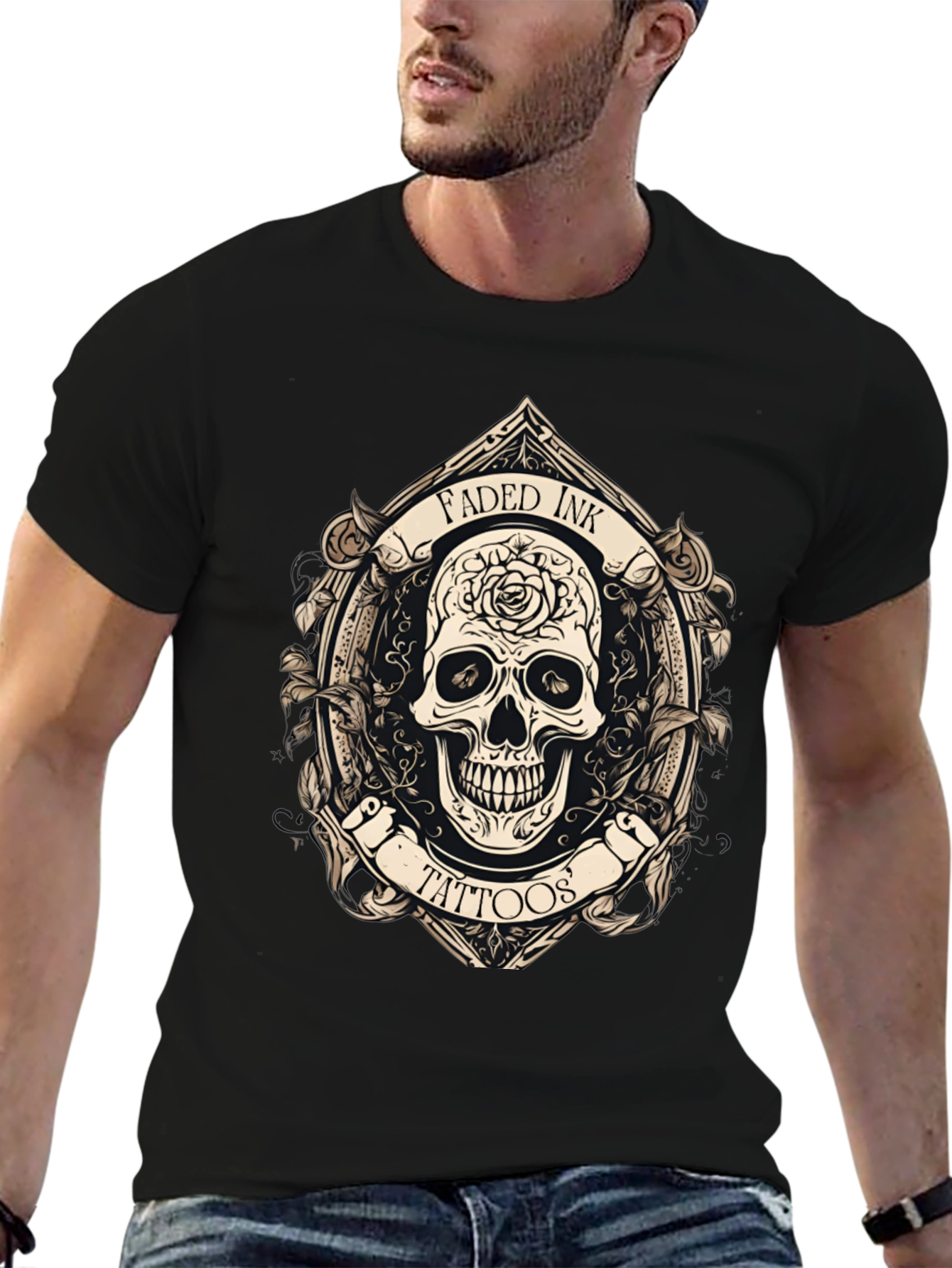 Faded Ink Tattoos Skull Graphic Black T-Shirt