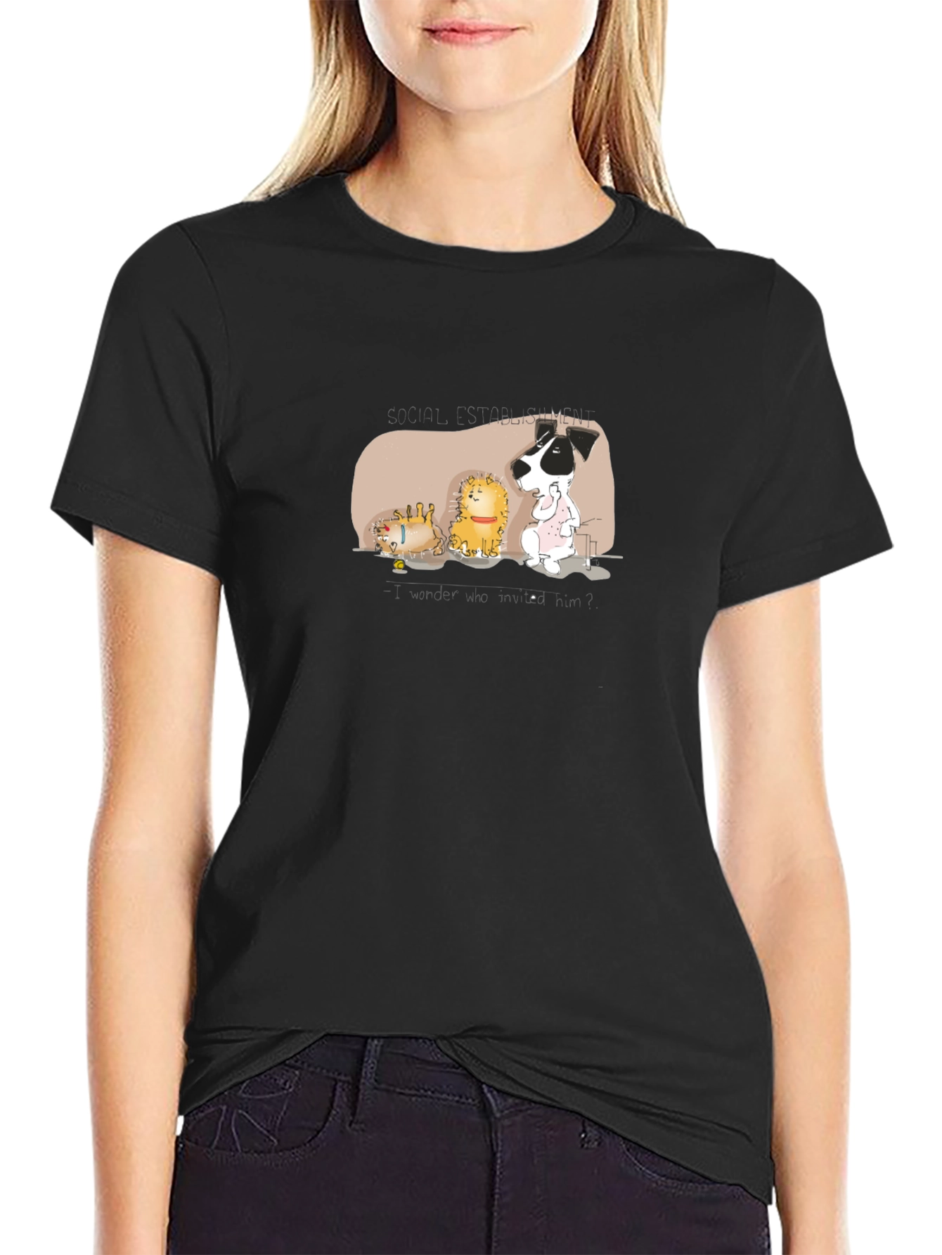 Cartoon Animal Nap Time Black T-Shirt