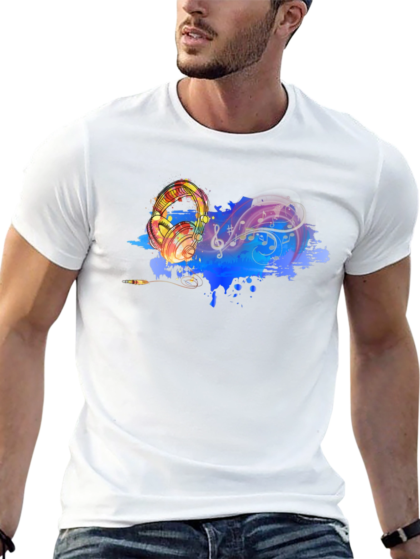 Music Lovers Graphic Tee - Headphones & Notes Design