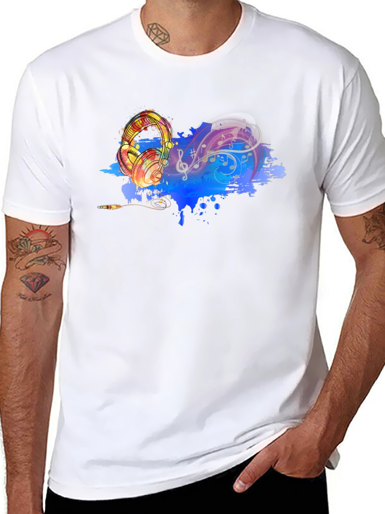 Music Lovers Graphic Tee - Headphones & Notes Design